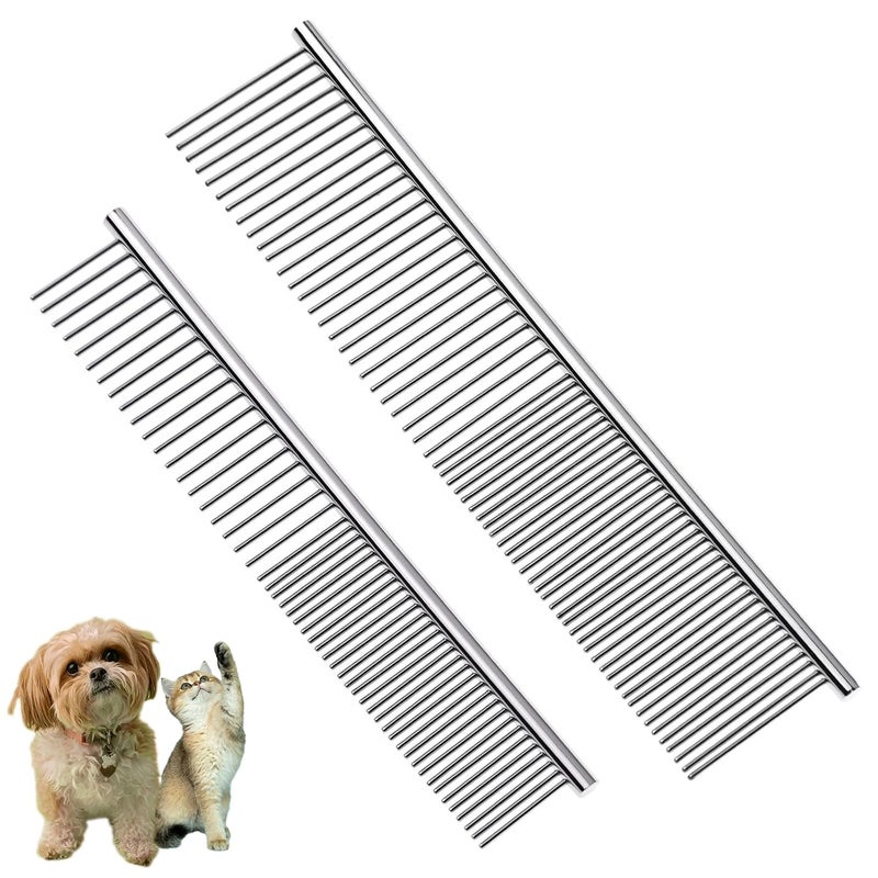 Flezoo 2PCS Dog and Cat Brush, Stainless Steel Pets Grooming Comb Kit, Detangler Deshedding Brush, Metal Knots Hair Remover 6.4" 7.5" - Image 1